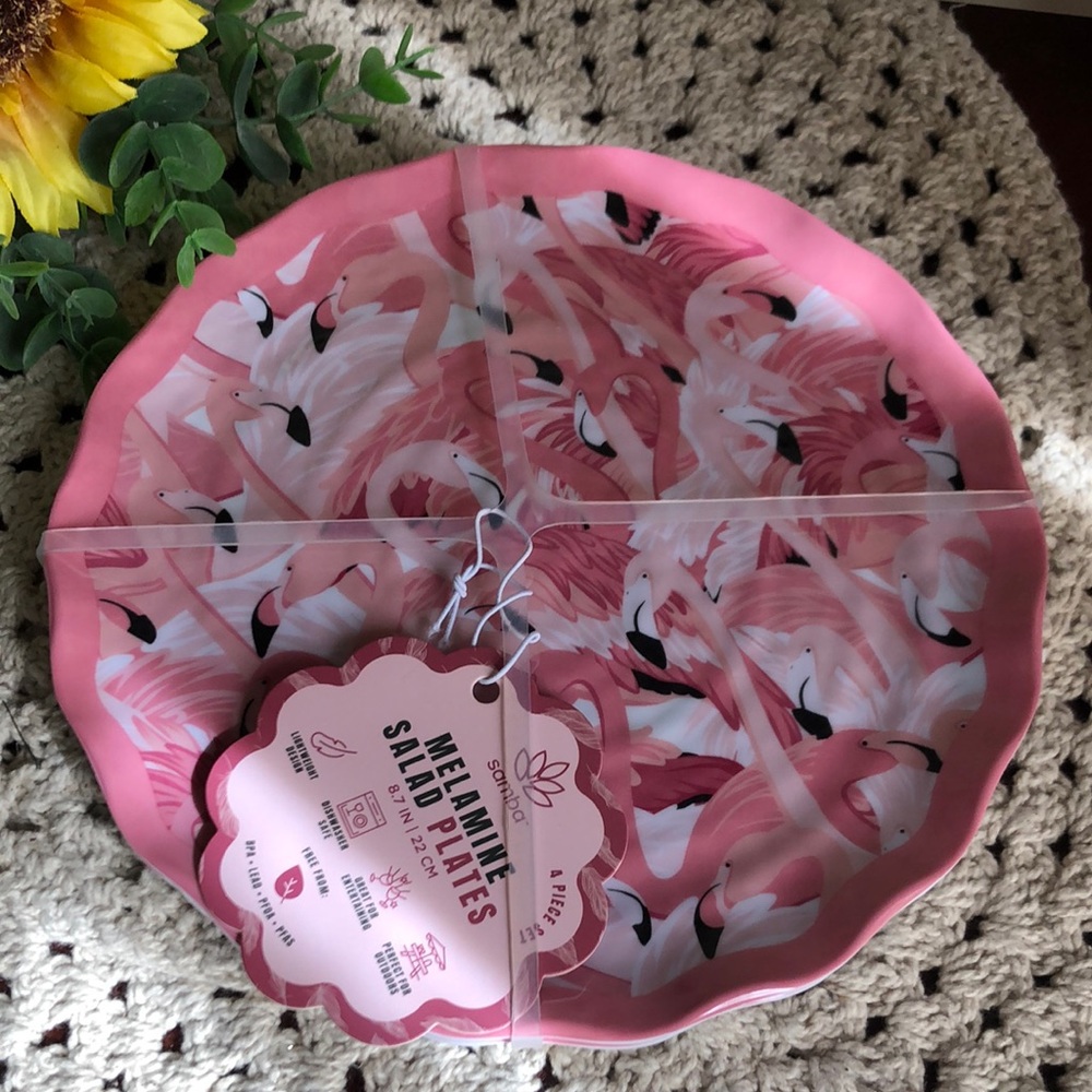 Floral Flamingo Pink Melamine Salad Luncheon Plates - Set of 4